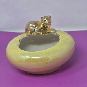 Vintage Yellow Porcelain Ashtray‎ With Gold Cat Figurine Trim